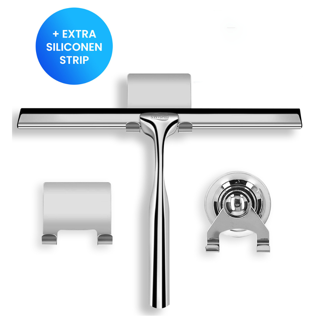 Luxe Douchewisser met Ophangsysteem - Trekker Douche - Raamwisser - Raamtrekker - RVS - Extra gratis Siliconen Strip. RVS Kleur: Zilver.